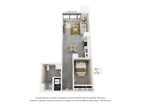 Floor plan for 1 bed, 1 bath, 693 sqft